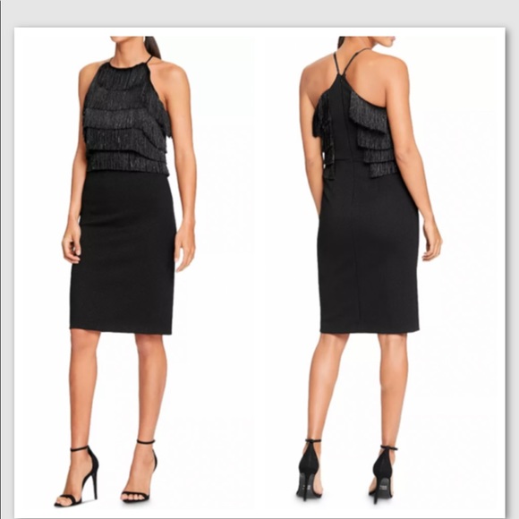 HALSTON HERITAGE black fringe midi evening cocktail holiday party dress 8 - Picture 1 of 9